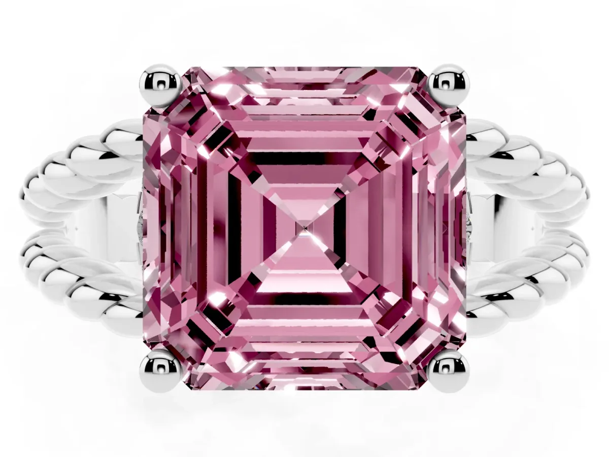 Fancy Pink Asscher Cut Halo Twisted Band Four-Prong Ring Silver