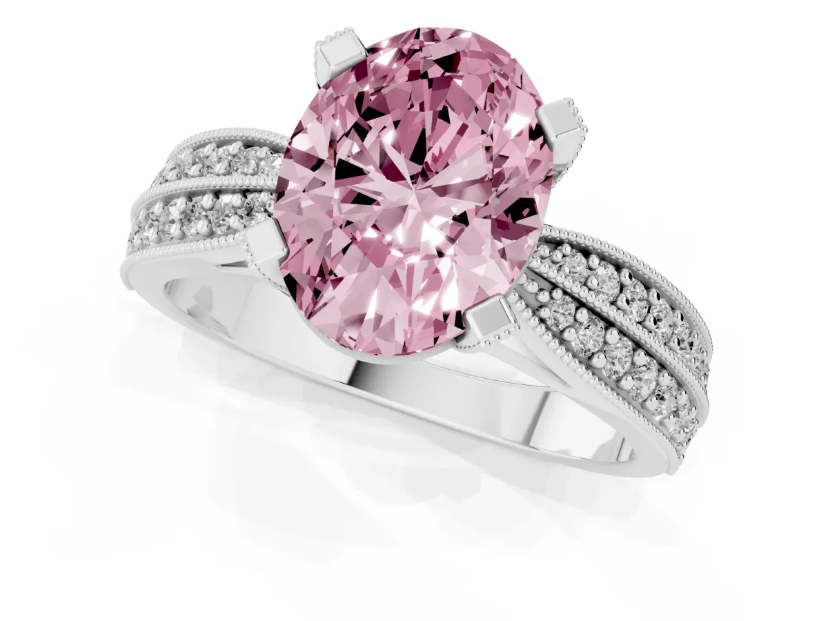 Fancy Pink Oval Cut Diamond Solitaire Ring with Milgrain Round Pavé Band and Prong Setting Silver