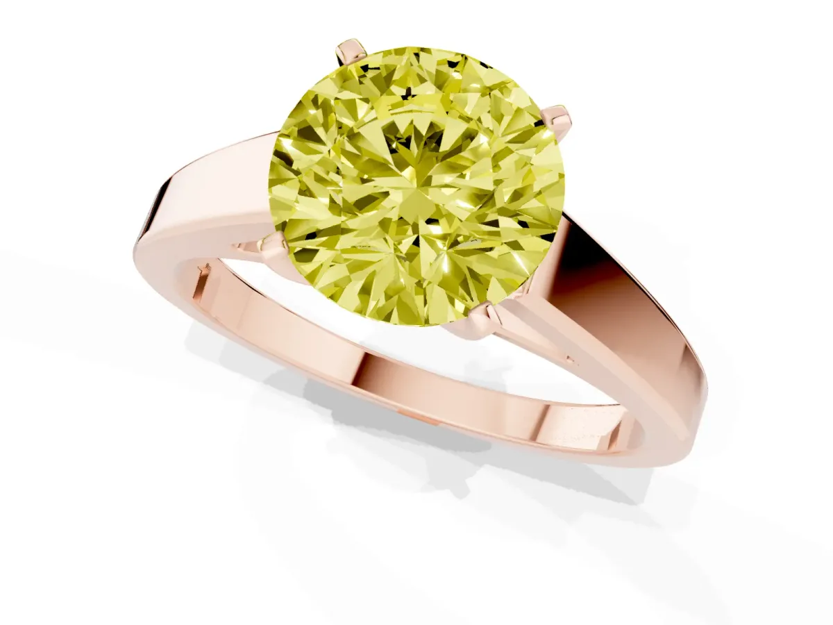 Fancy Yellow Round Cut Solitaire Engagement Ring with Four-Prong Setting and Tapered Band Rose gold