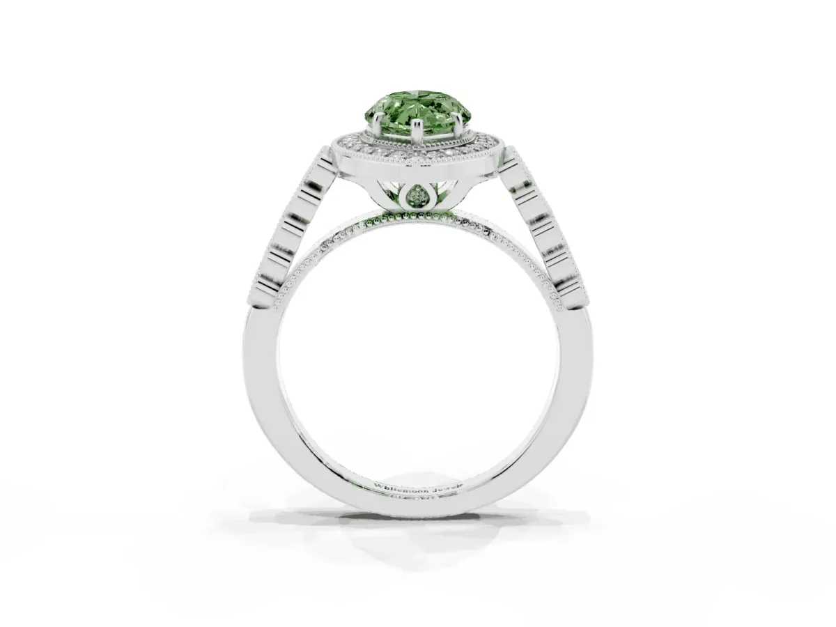 Fancy Green Marquise Cut Halo Milgrain Solitaire with Bezel Set Side Stones and Pave Band Platinum