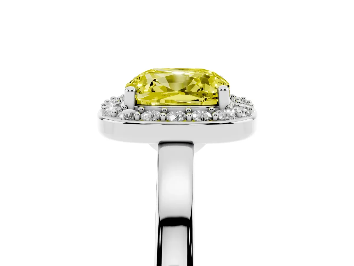 Fancy Yellow Cushion Cut Halo Diamond Ring with Solitaire Band and Prong Setting Platinum