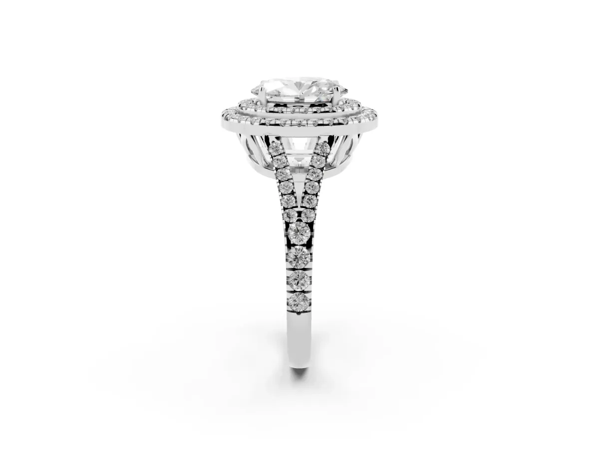 Oval Cut Diamond Double Halo Ring with Pavé Band and Prong Setting Silver