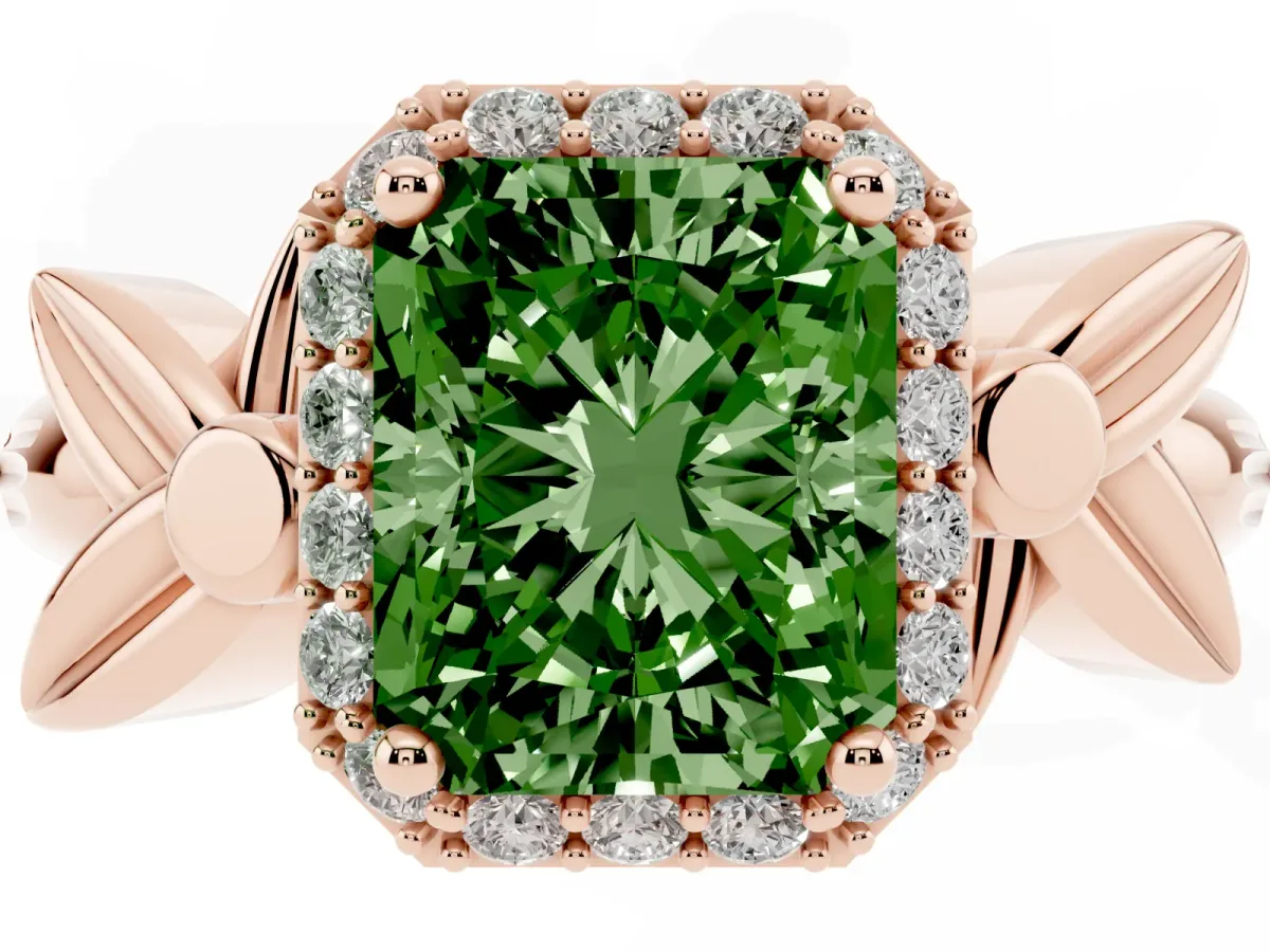 Fancy Green Radiant Cut Halo Diamond Floral Band with Four-Prong Setting Rose gold