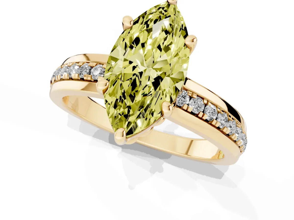Fancy Yellow Marquise Cut Solitaire Diamond Ring with Channel Set Band and Six-Prong Setting Yellow gold