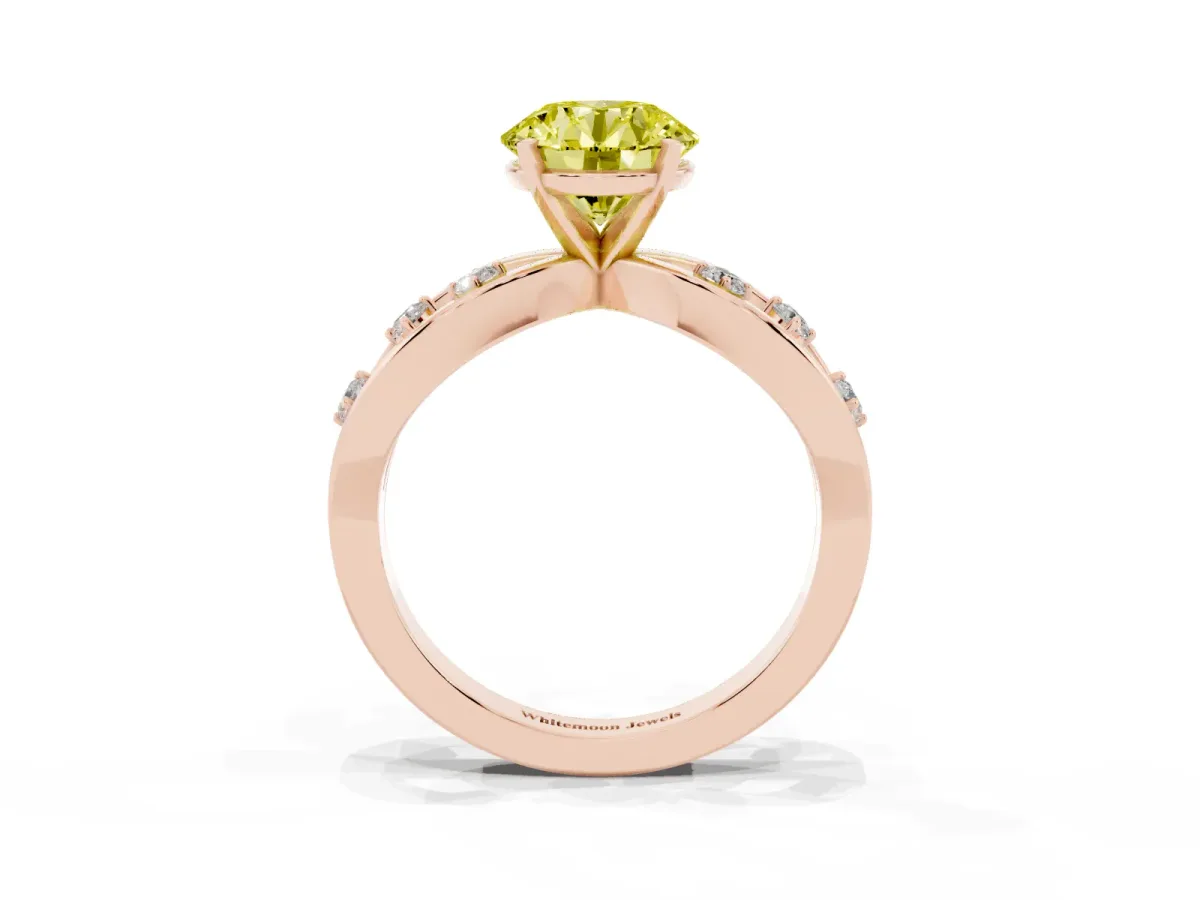 Fancy Yellow Round Cut Cut Solitaire Diamond with Side Stones on Criss-Cross Band and Four-Prong Setting Rose gold