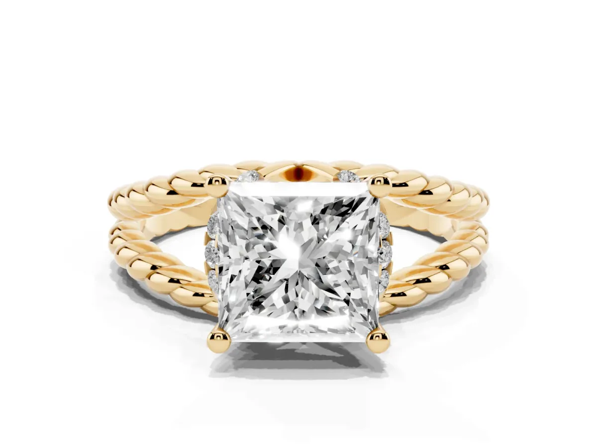 Princess Cut Halo Twisted Band Four-Prong Ring Yellow gold