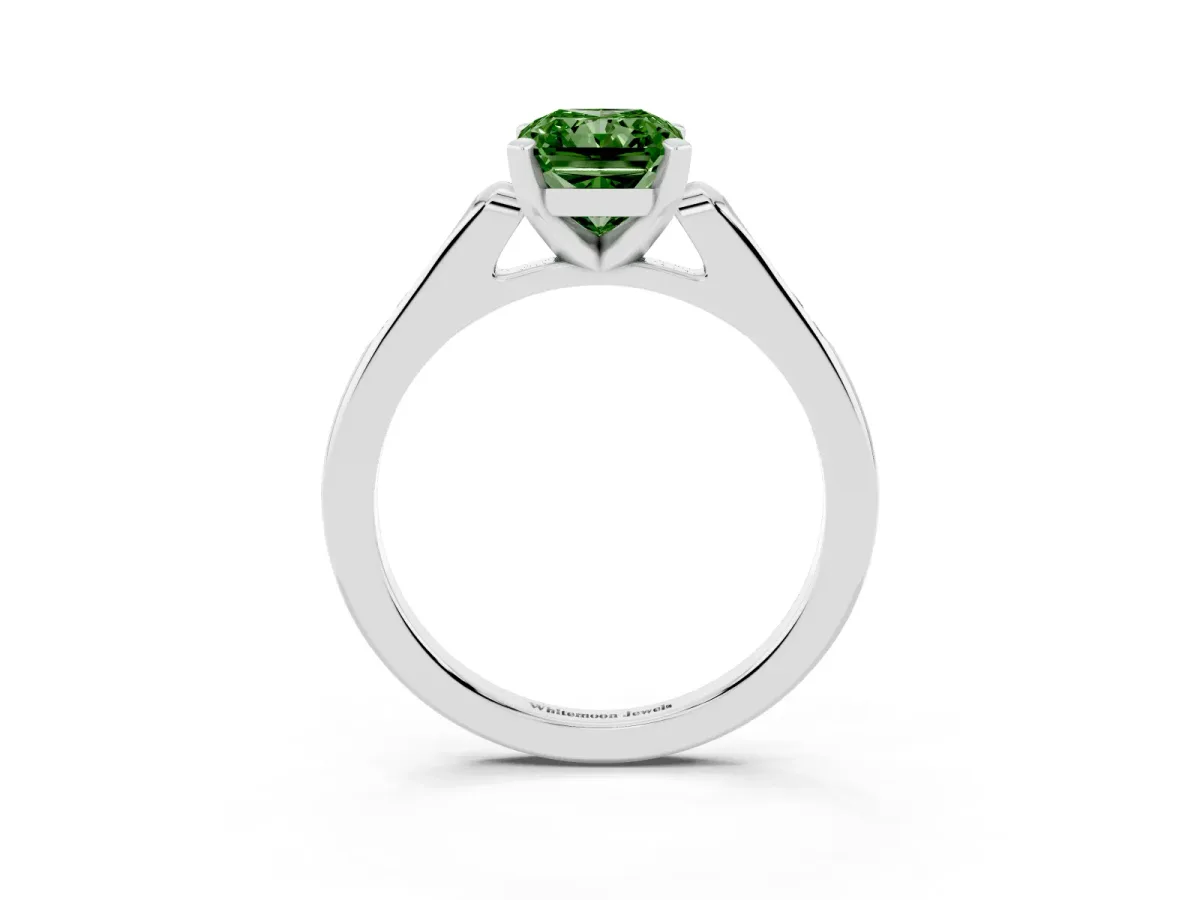 Fancy Green Radiant Cut Diamond Solitaire Ring with Channel Set Round Band and Prong Setting Platinum