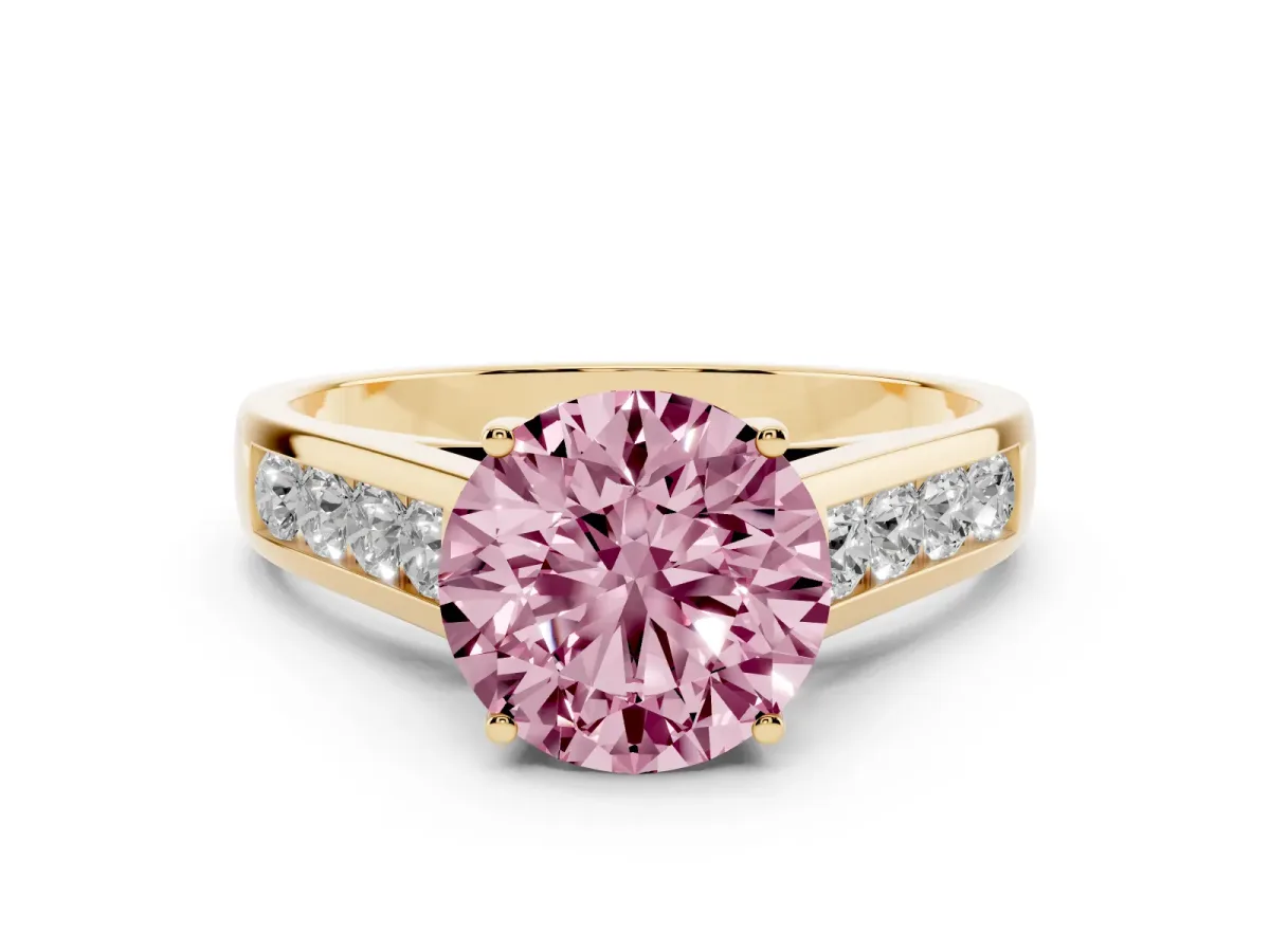 Fancy Pink Round Cut Solitaire Channel-Set Diamond Engagement Ring with Four-Prong Setting Yellow gold