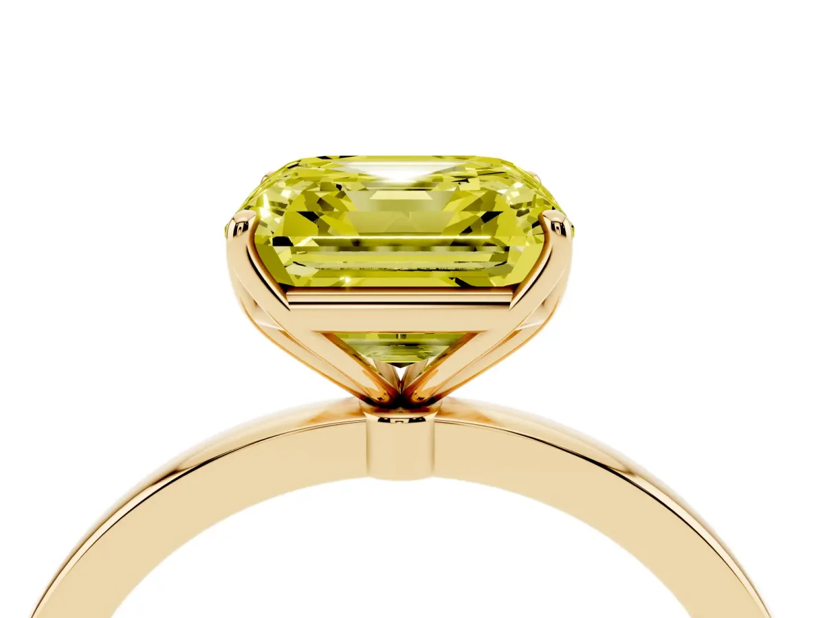 Fancy Yellow Asscher Cut Diamond Solitaire Ring with Thin Band and Prong Setting Yellow gold