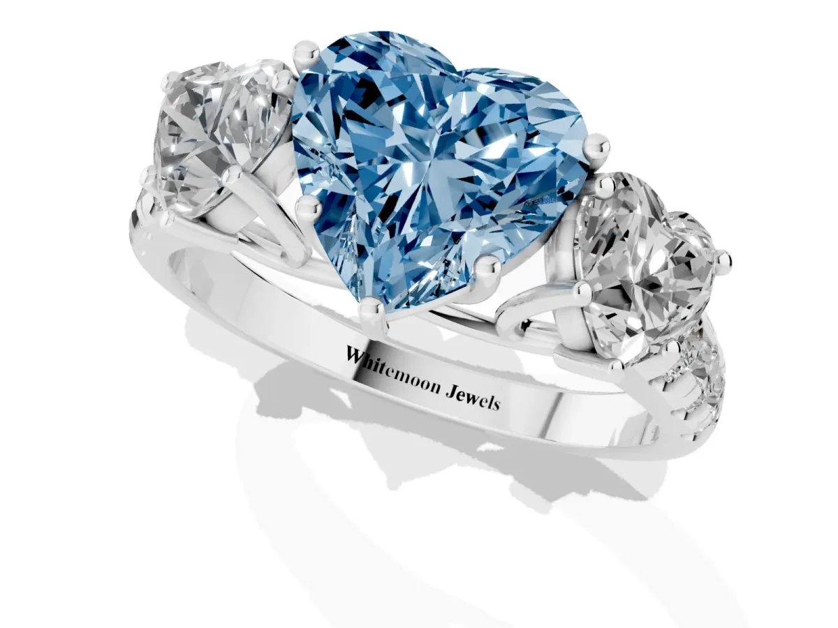 Fancy Blue Three-Stone Heart Cut Diamond Pavé Band with Prong Setting Silver