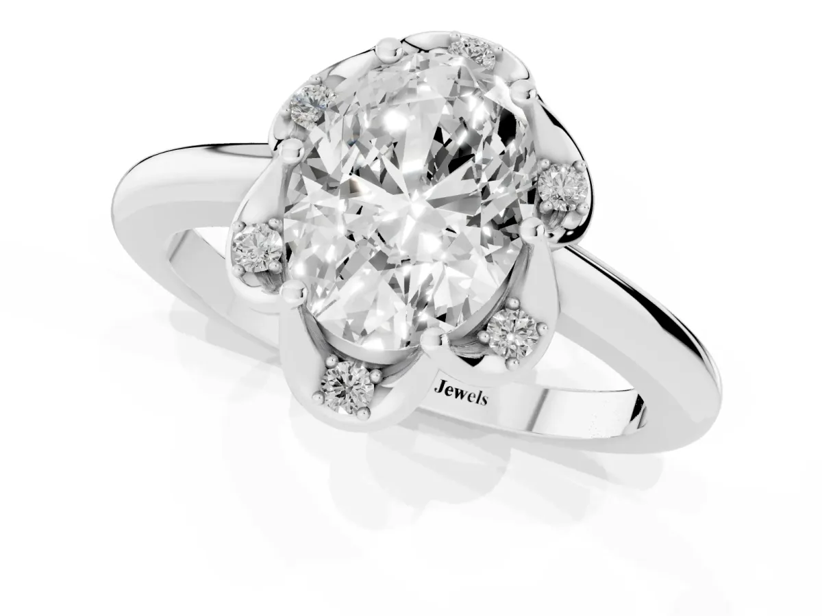 Oval Cut Halo Diamond Ring with Round Cluster Setting, Solitaire Band, and Four-Prong Setting Silver