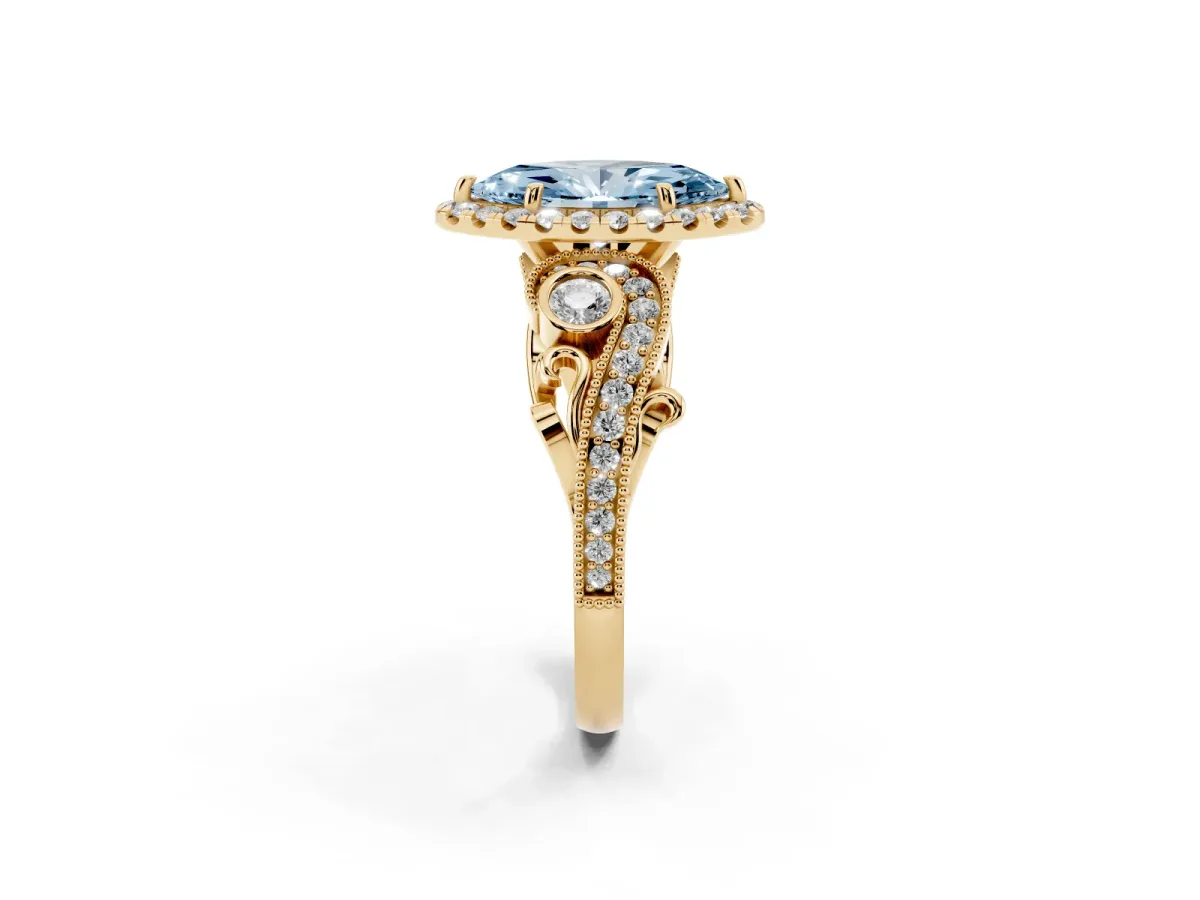 Fancy Blue Marquise Cut Halo Diamond Ring with Milgrain and Bezel Accents on a Split Shank Band Yellow gold