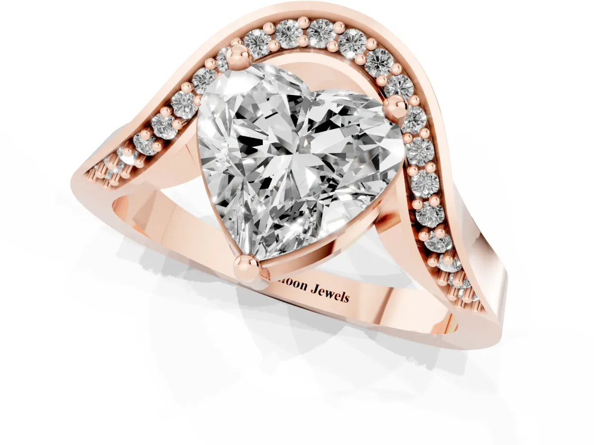 Heart Cut Solitaire Diamond Engagement Ring with Pave Band and Four-Prong Setting Rose gold