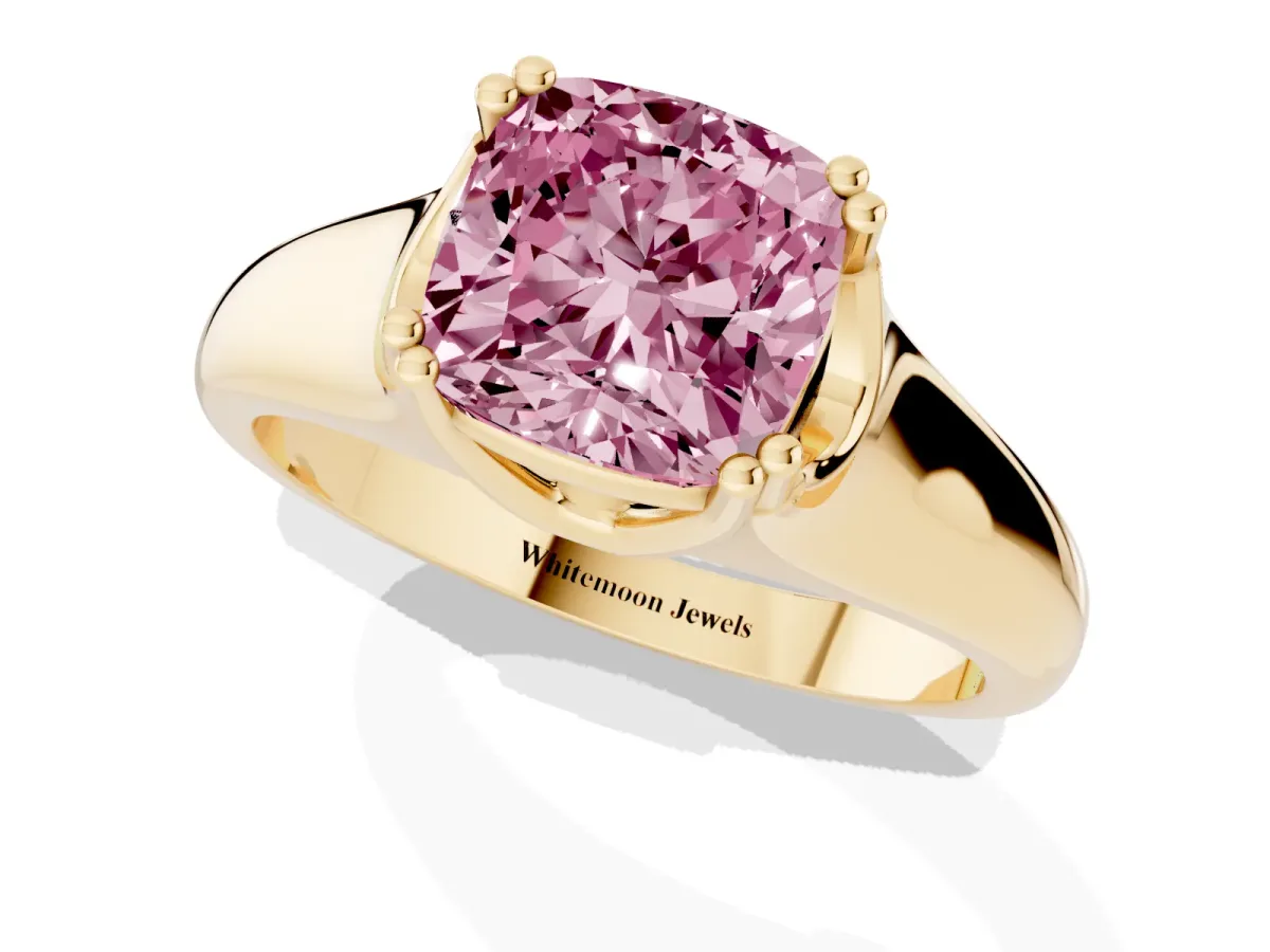 Fancy Pink Cushion Cut Diamond Solitaire Ring with Wide Band and Prong Setting Yellow gold