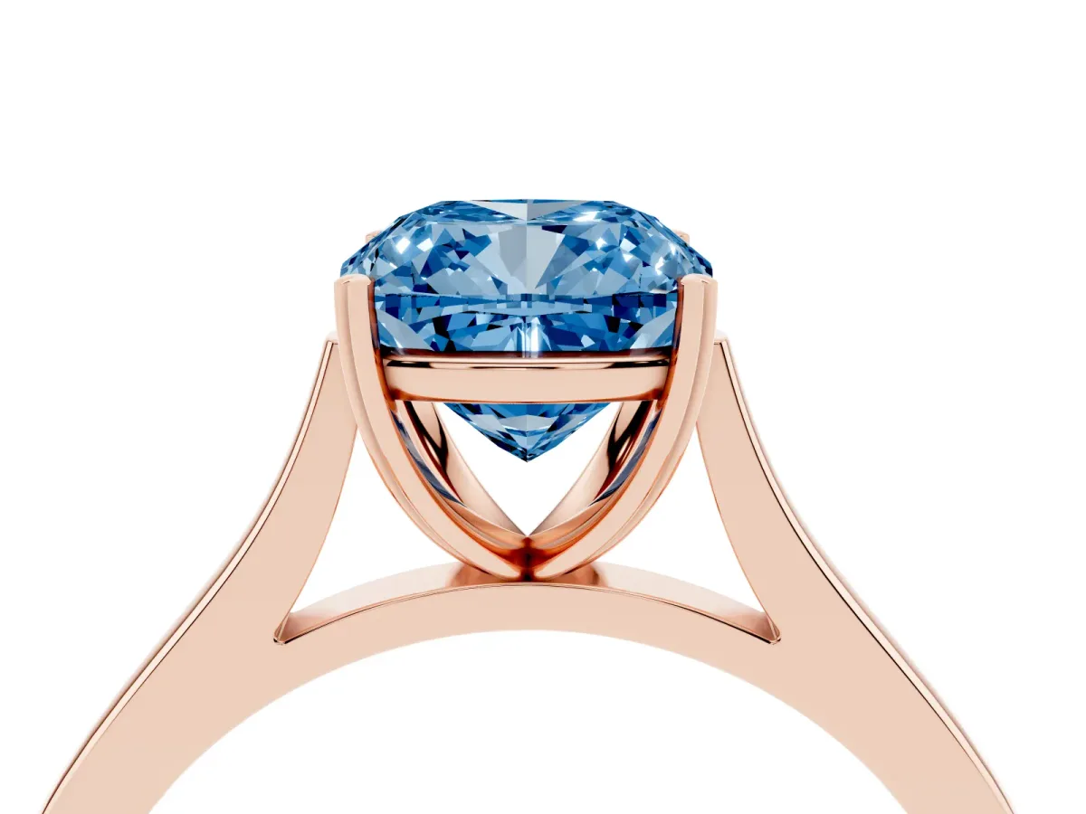 Fancy Blue Cushion Cut Solitaire Heart Prong Engagement Ring with Tapered Band Rose gold