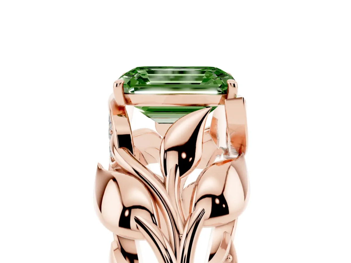 Fancy Green Emerald Cut Diamond Leaf-Inspired Engagement Ring with Round Accents and Prong Setting Rose gold