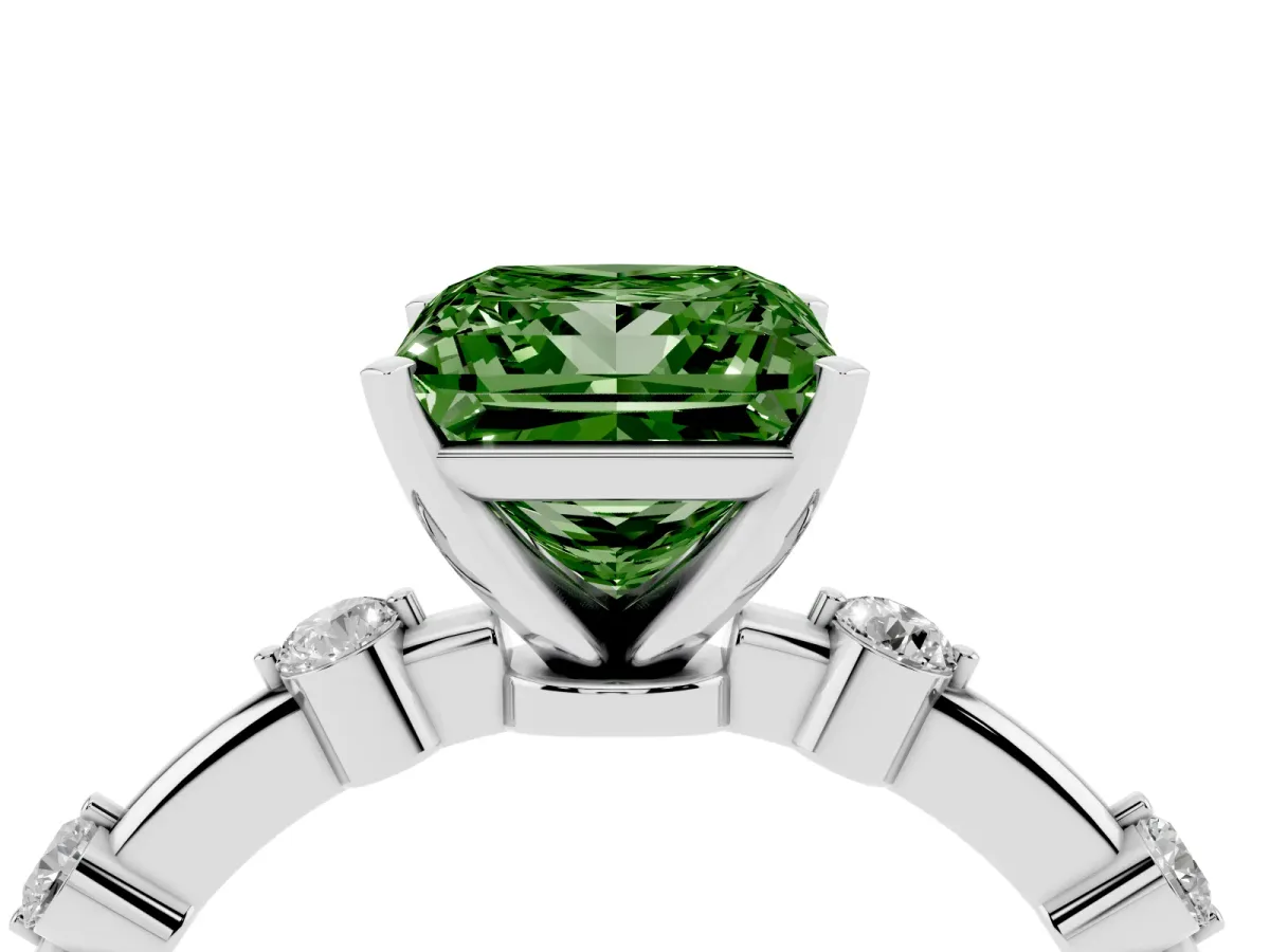 Fancy Green Princess Cut Solitaire Diamond Ring with Bezel Set Side Stones and Prong Setting Silver