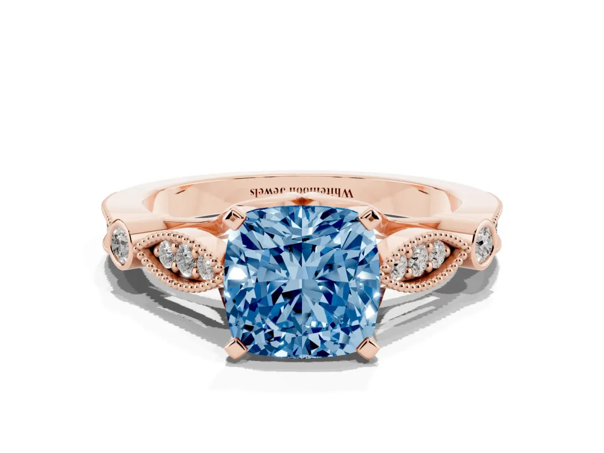 Fancy Blue Cushion Cut Cut Diamond with Milgrain Marquise and Bezel Accents on a Solitaire Band with Prong Setting Rose gold