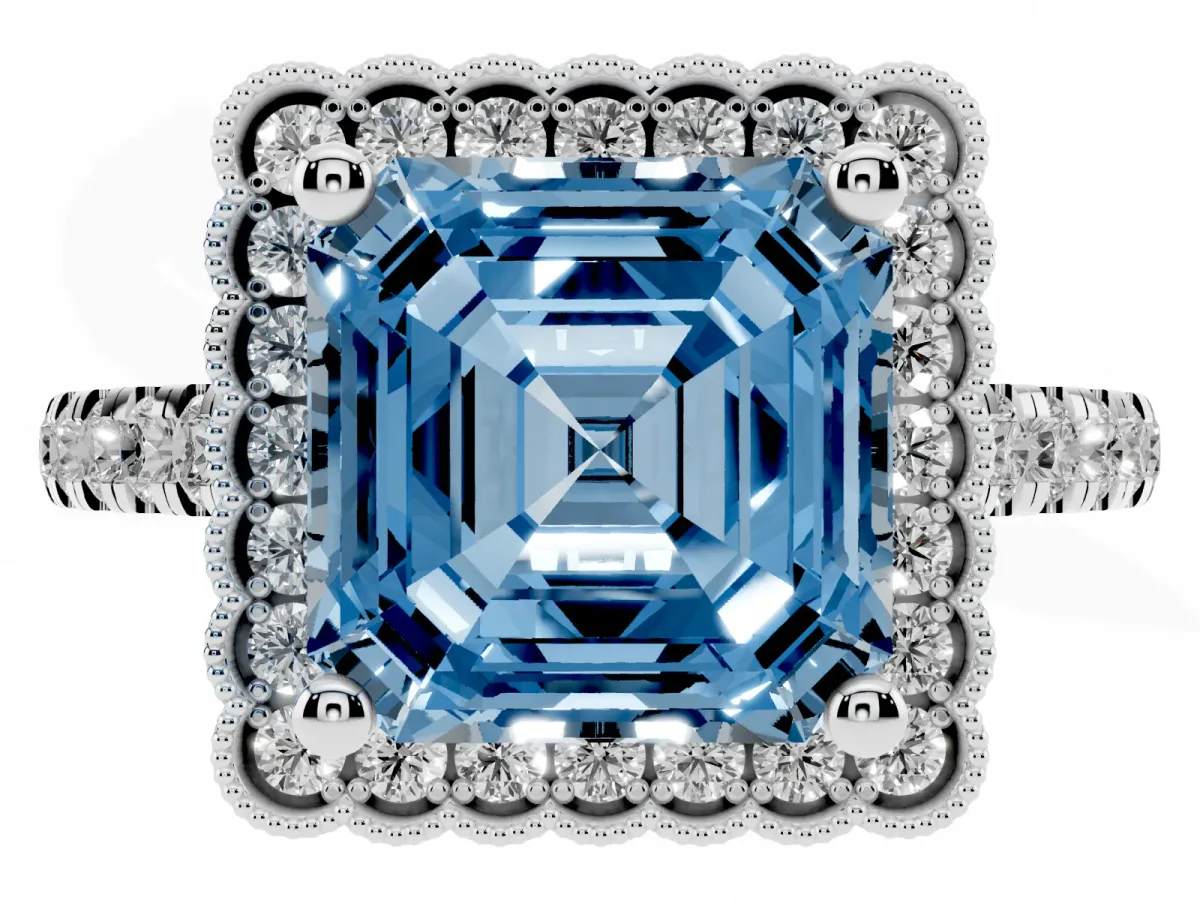 Fancy Blue Asscher Cut Cut Diamond Milgrain Floral Halo Engagement Ring with Pavé Band White gold