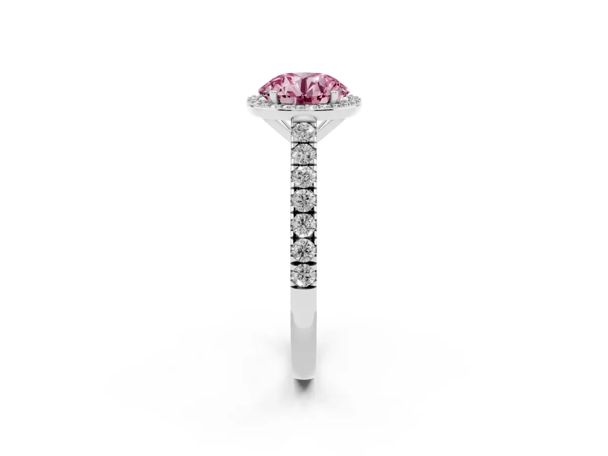 Fancy Pink Round Cut Cut Halo Diamond Engagement Ring with Pave Band and Four-Prong Setting Platinum
