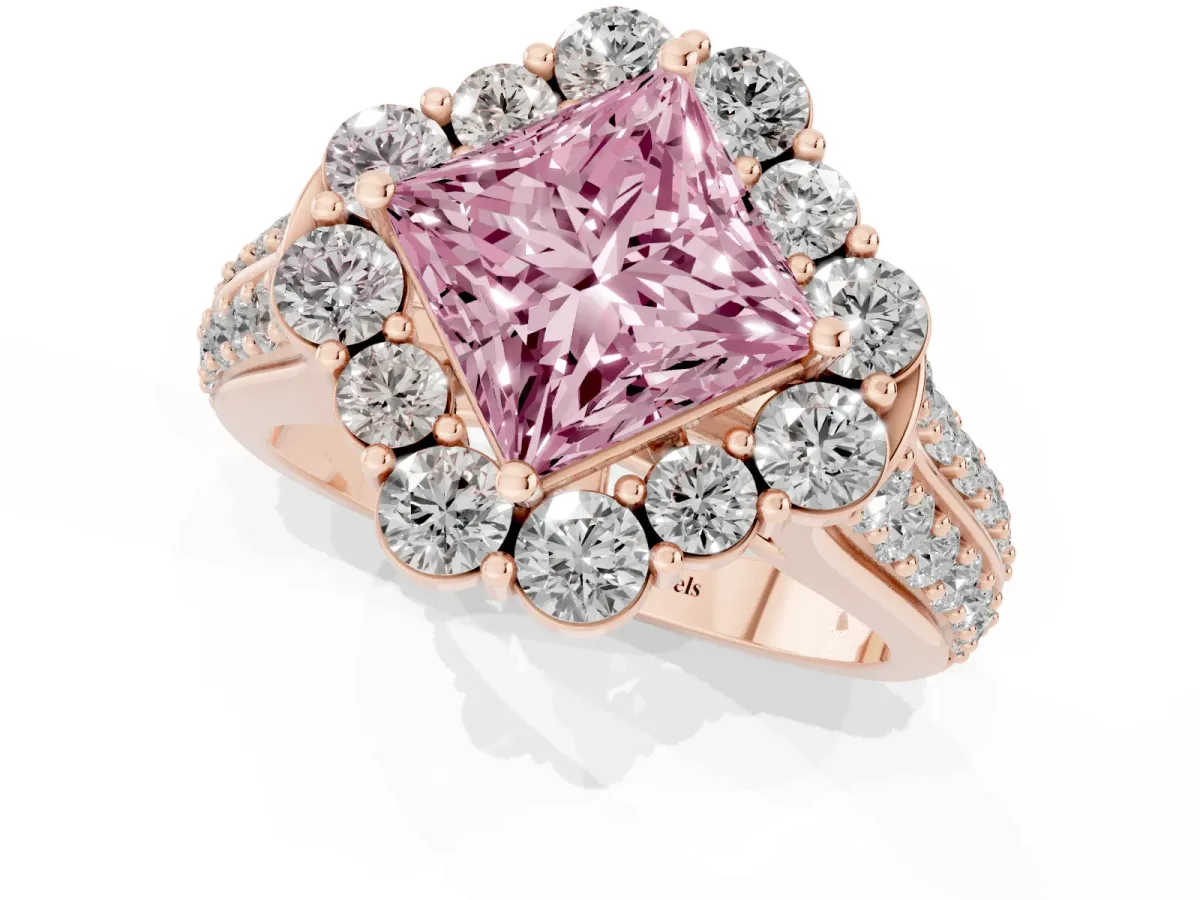 Fancy Pink Princess Cut Halo Diamond Engagement Ring with Split Shank and Prong Setting Rose gold
