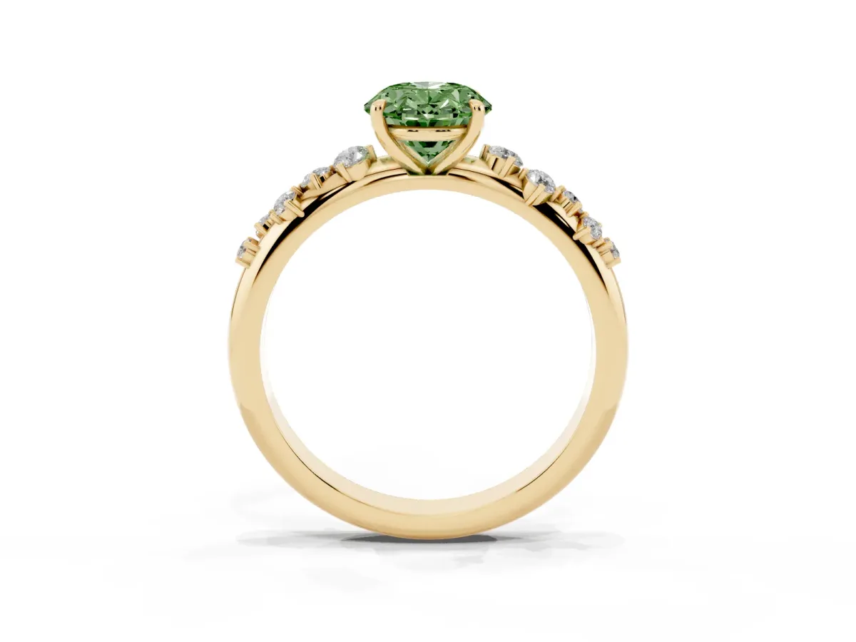 Fancy Green Oval Cut Diamond Cluster Prong-Set Solitaire Ring Yellow gold