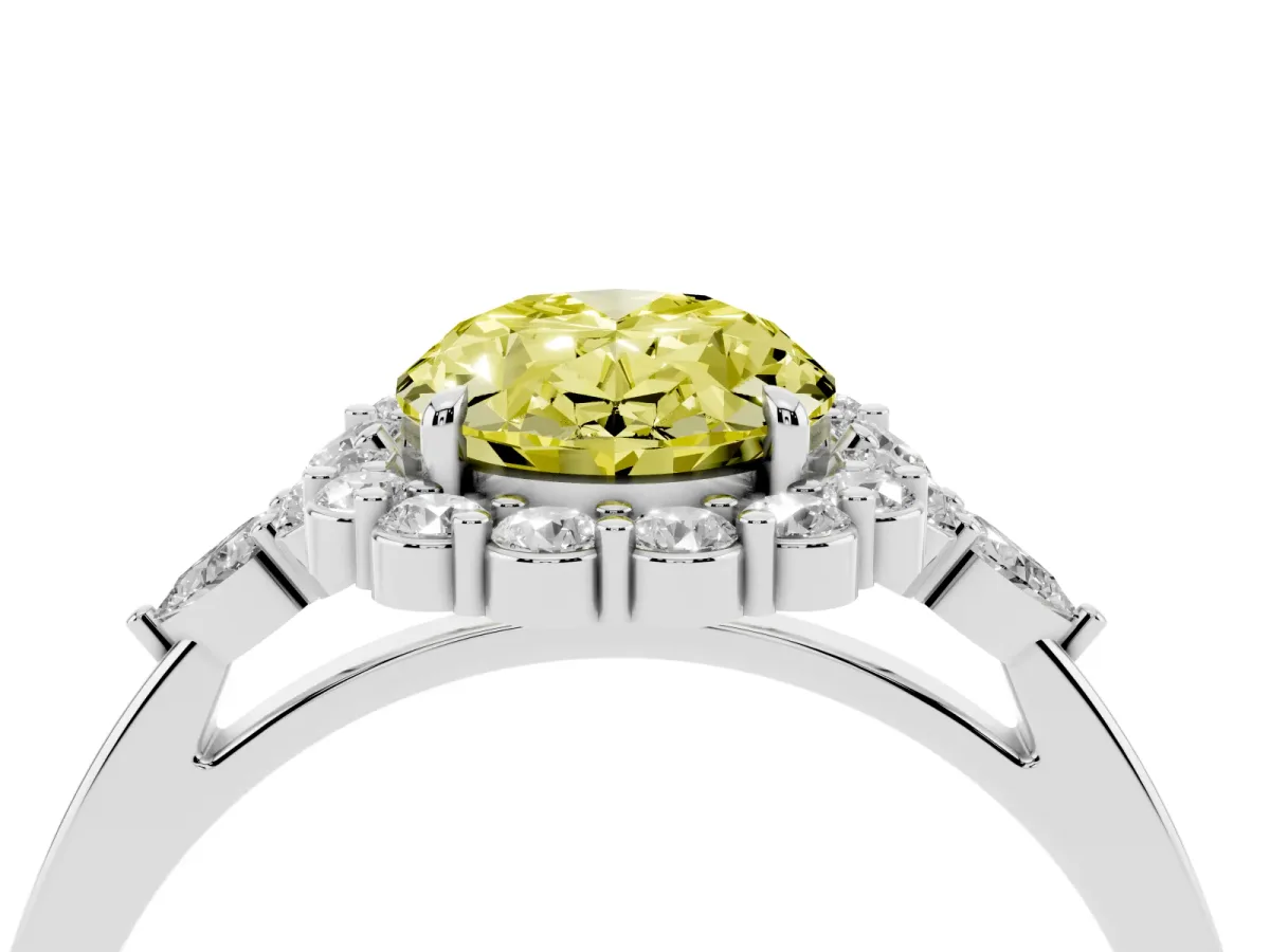 Fancy Yellow Oval Cut Diamond Halo Ring with Pear Side Stones and Prong Setting Silver
