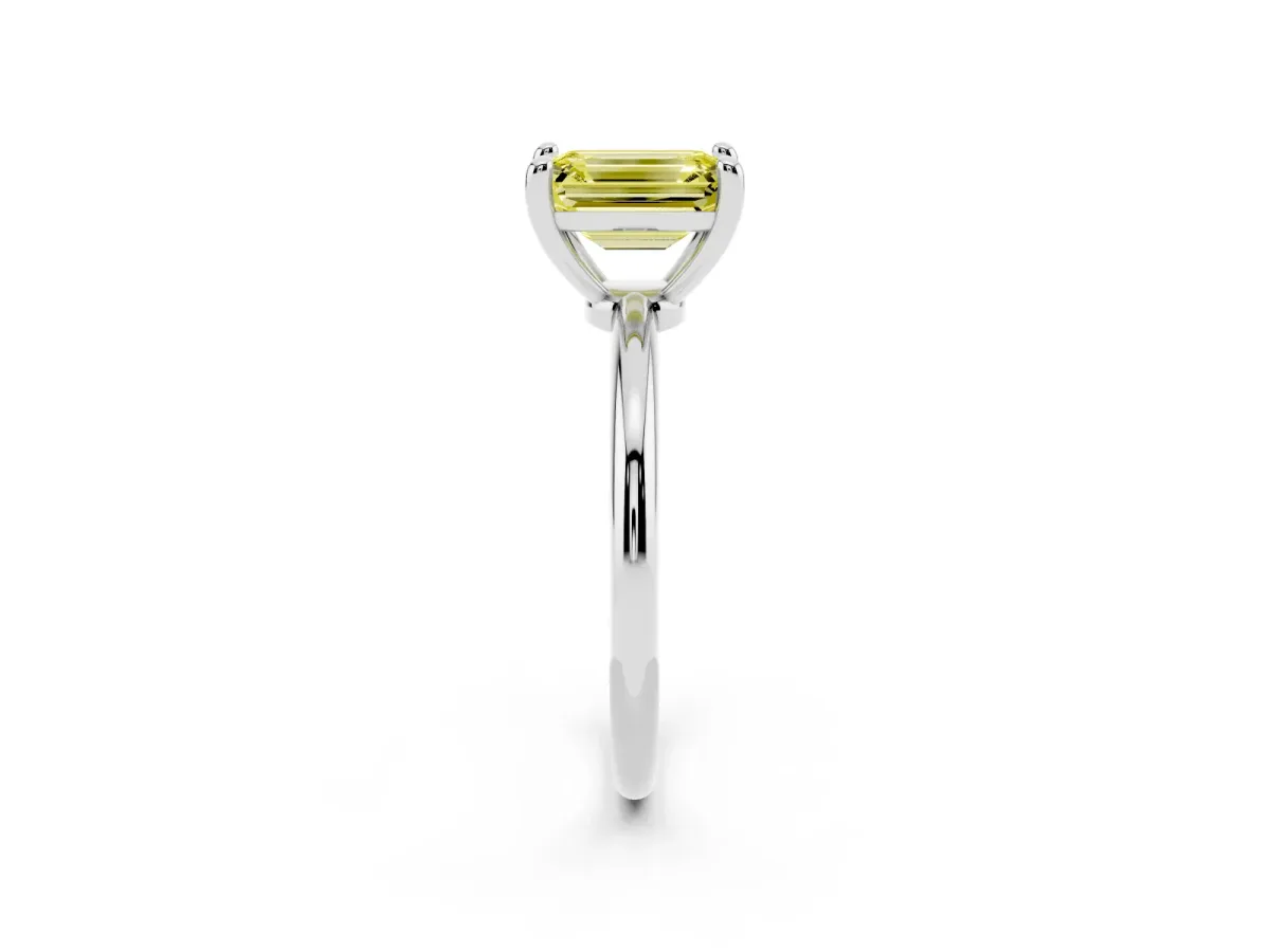Fancy Yellow Emerald Cut Solitaire Diamond Ring with 4-Prong Setting on a Classic Band White gold