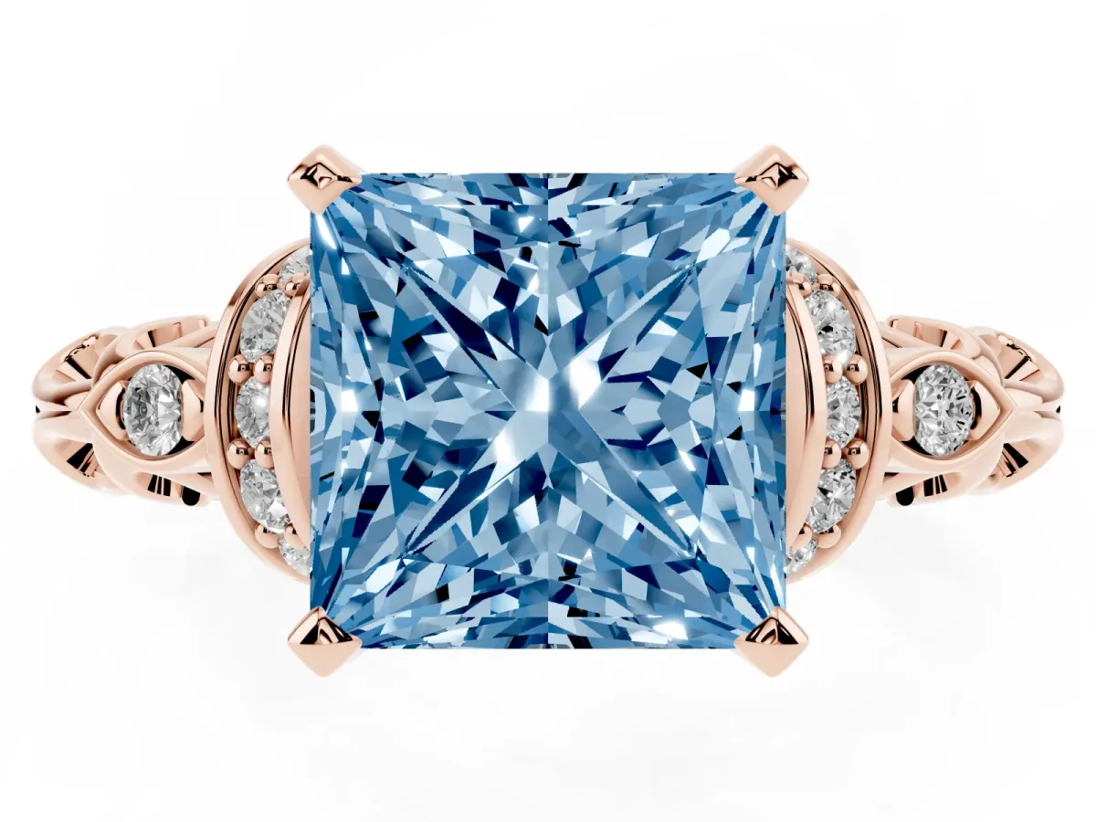 Fancy Blue Princess Cut Diamond Solitaire Ring with Filigree Band and Four-Prong Setting Rose gold
