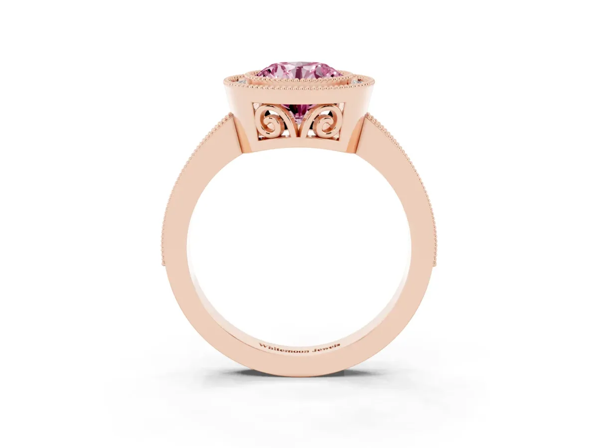 Fancy Pink Round Cut Cut Halo Diamond Ring with Pavé Band and Milgrain Prong Setting Rose gold