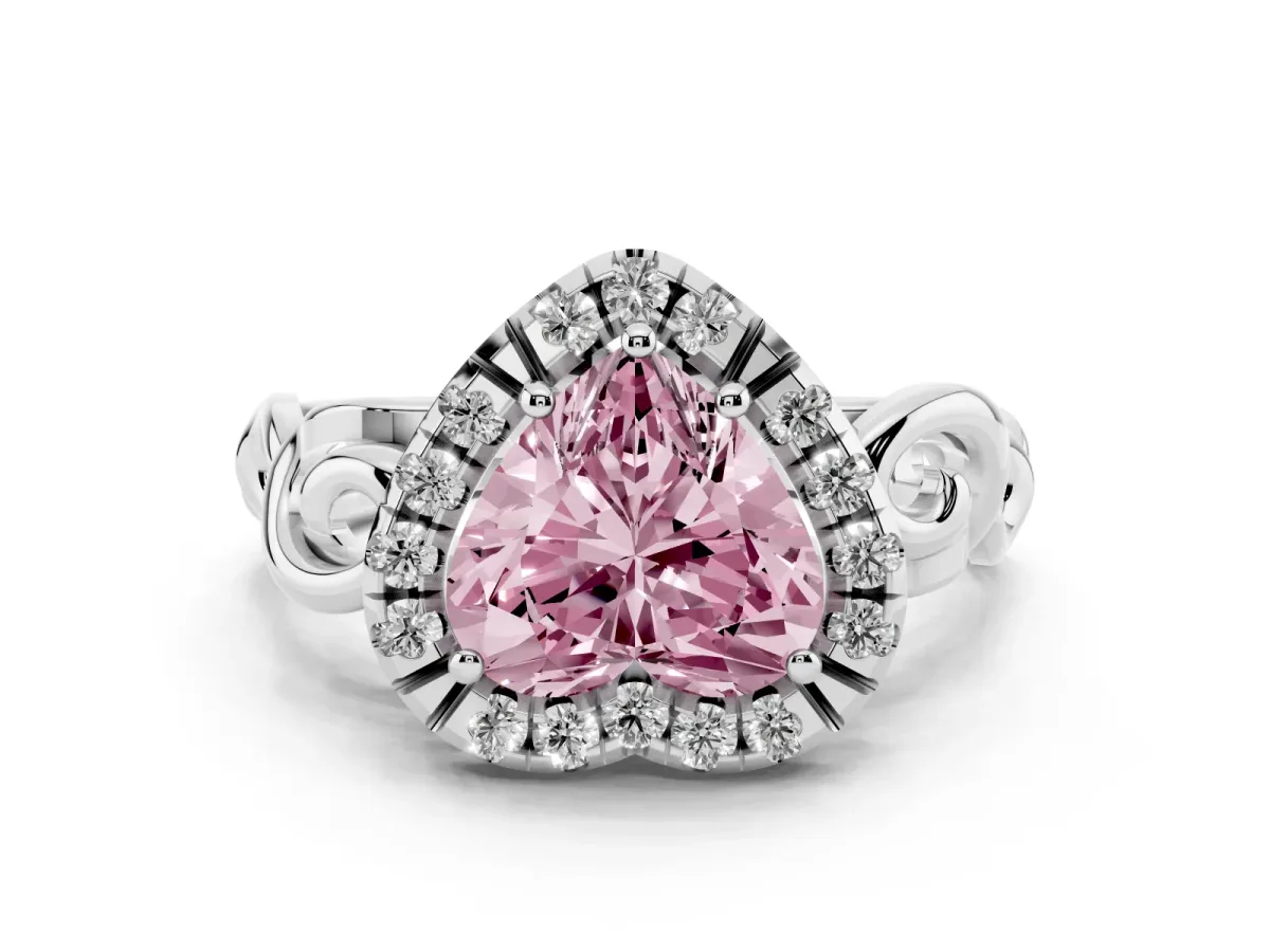 Fancy Pink Heart Cut Cut Halo Diamond Ring with Scrollwork Band and Four-Prong Setting Silver