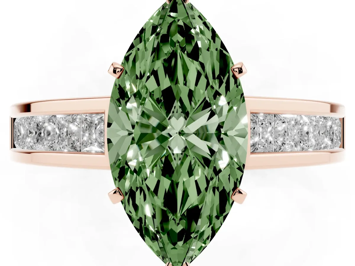 Fancy Green Marquise Cut Solitaire Diamond Ring with Channel-Set Band and Four-Prong Setting Rose gold