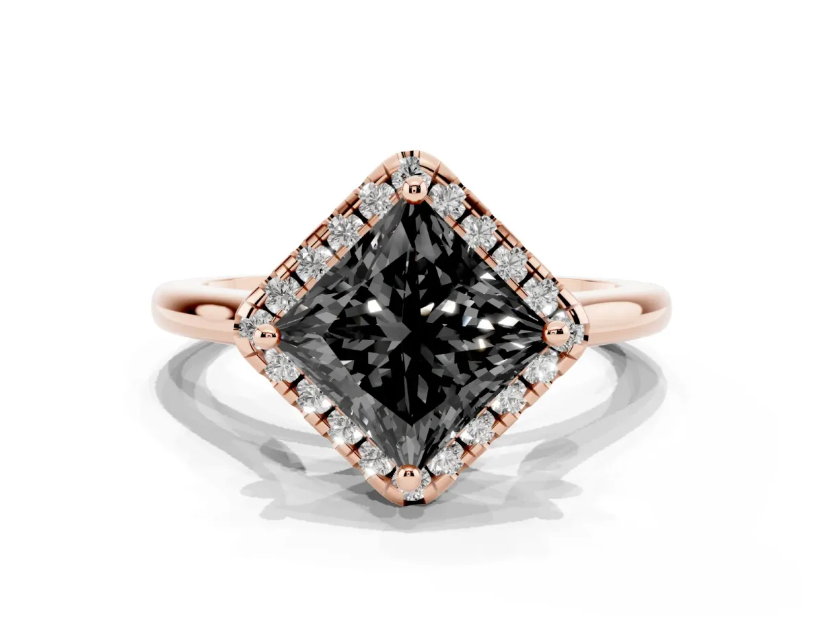 Fancy Black Princess Cut Halo Round Diamond Solitaire Engagement Ring with Pave Band and Four-Prong Setting Rose gold