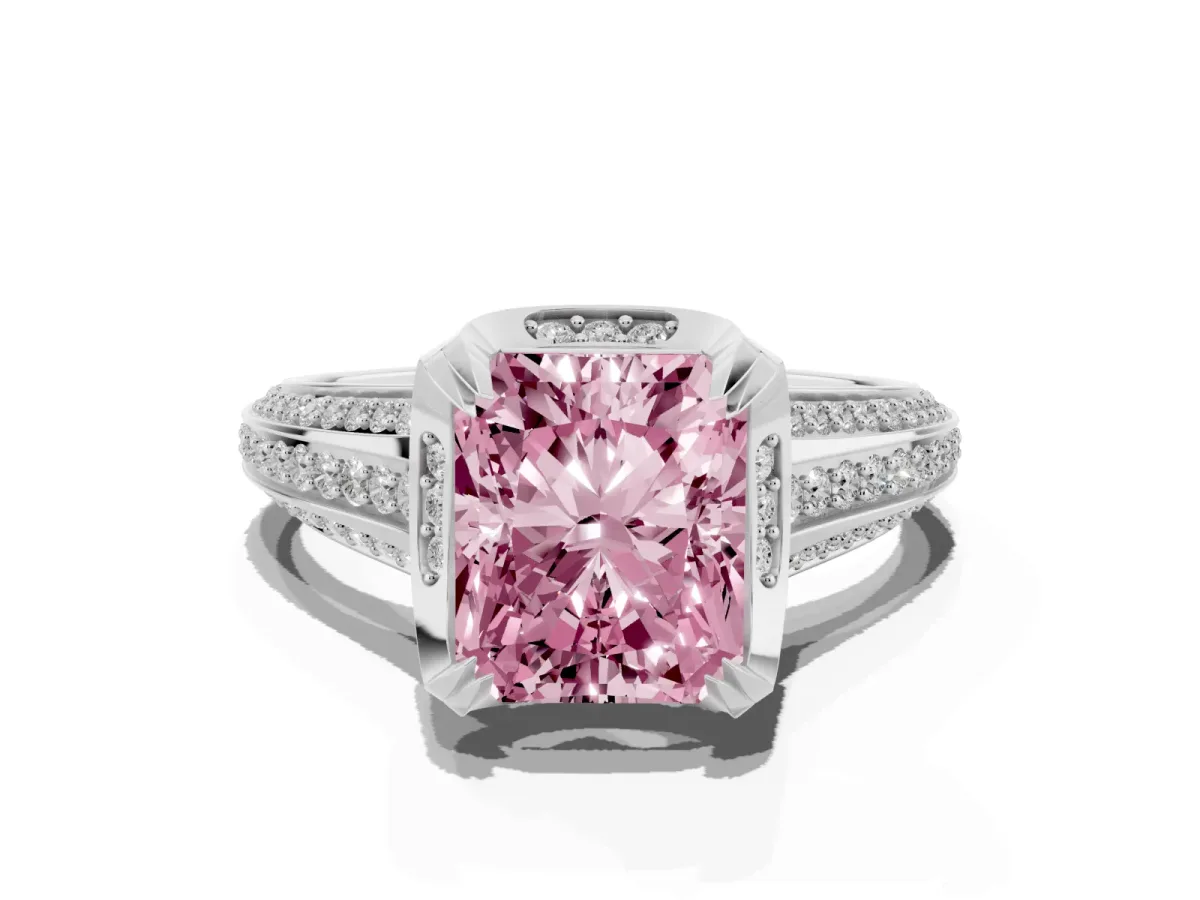 Fancy Pink Radiant Cut Solitaire Pave Split Shank Ring with Four-Prong Setting Silver