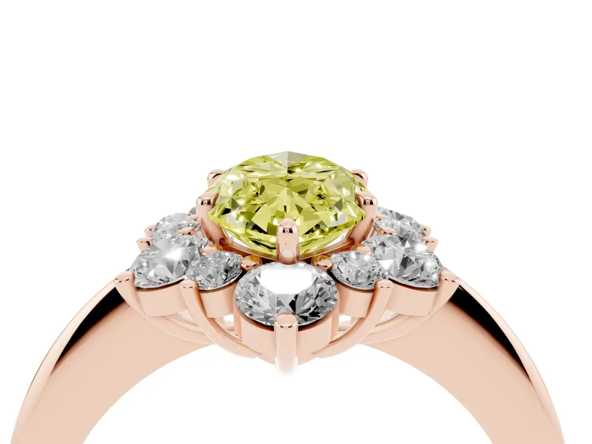 Fancy Yellow Marquise Cut Diamond Cluster Halo Ring with Solitaire Band and Four-Prong Setting Rose gold