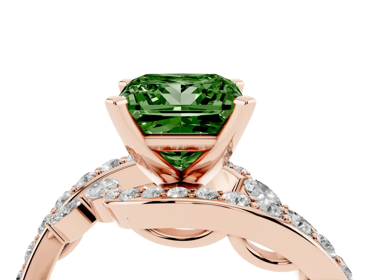 Fancy Green Princess Cut Solitaire with Pavé Twist Band and Four-Prong Setting Rose gold