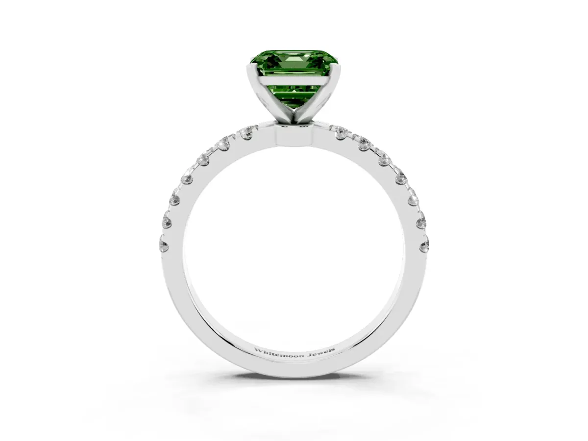 Fancy Green Asscher Cut Diamond Solitaire Ring with Pavé Accents and Four-Prong Setting Platinum