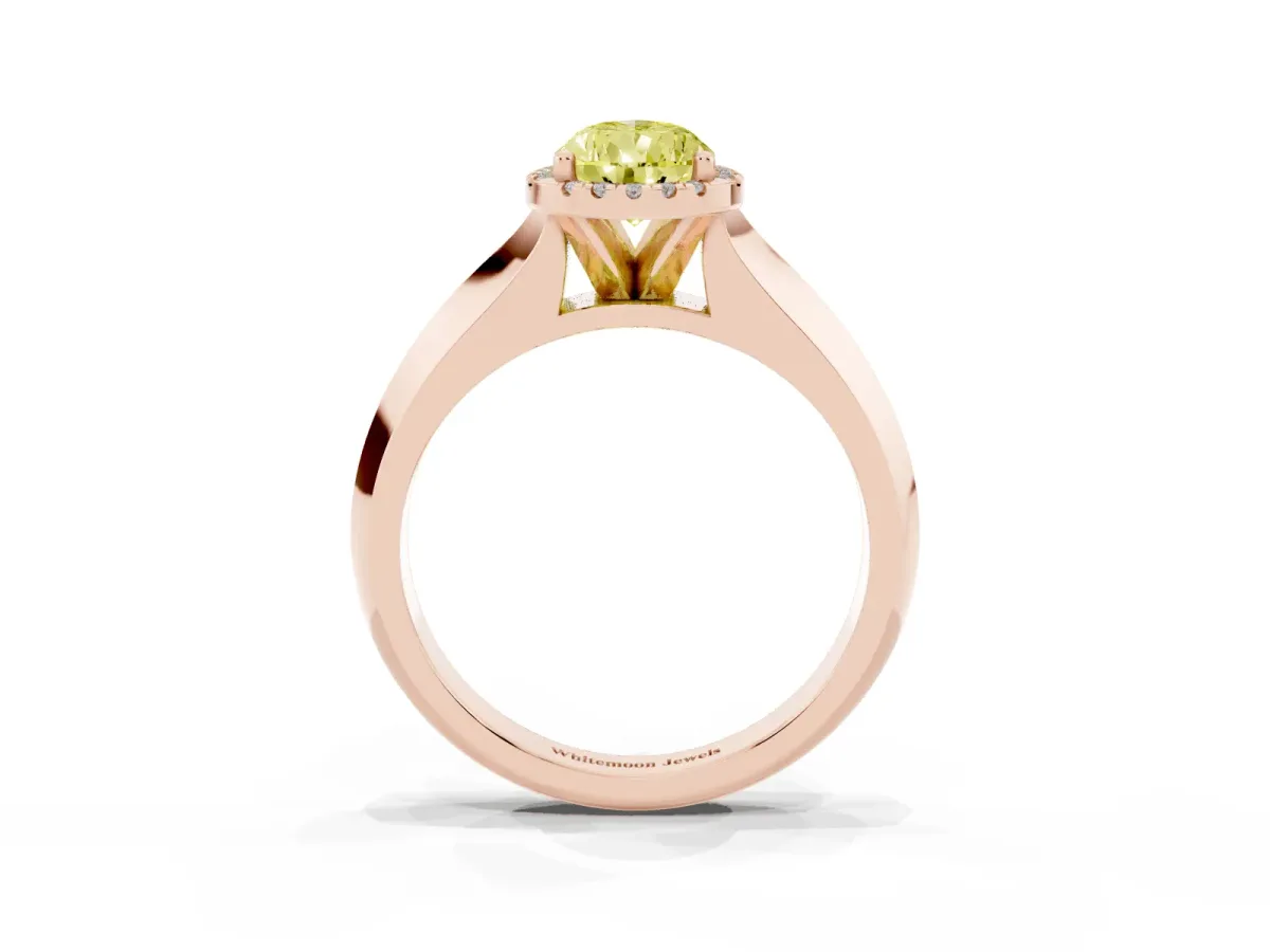 Fancy Yellow Pear Cut Halo Diamond Ring with Cathedral Band and Four-Prong Setting Rose gold