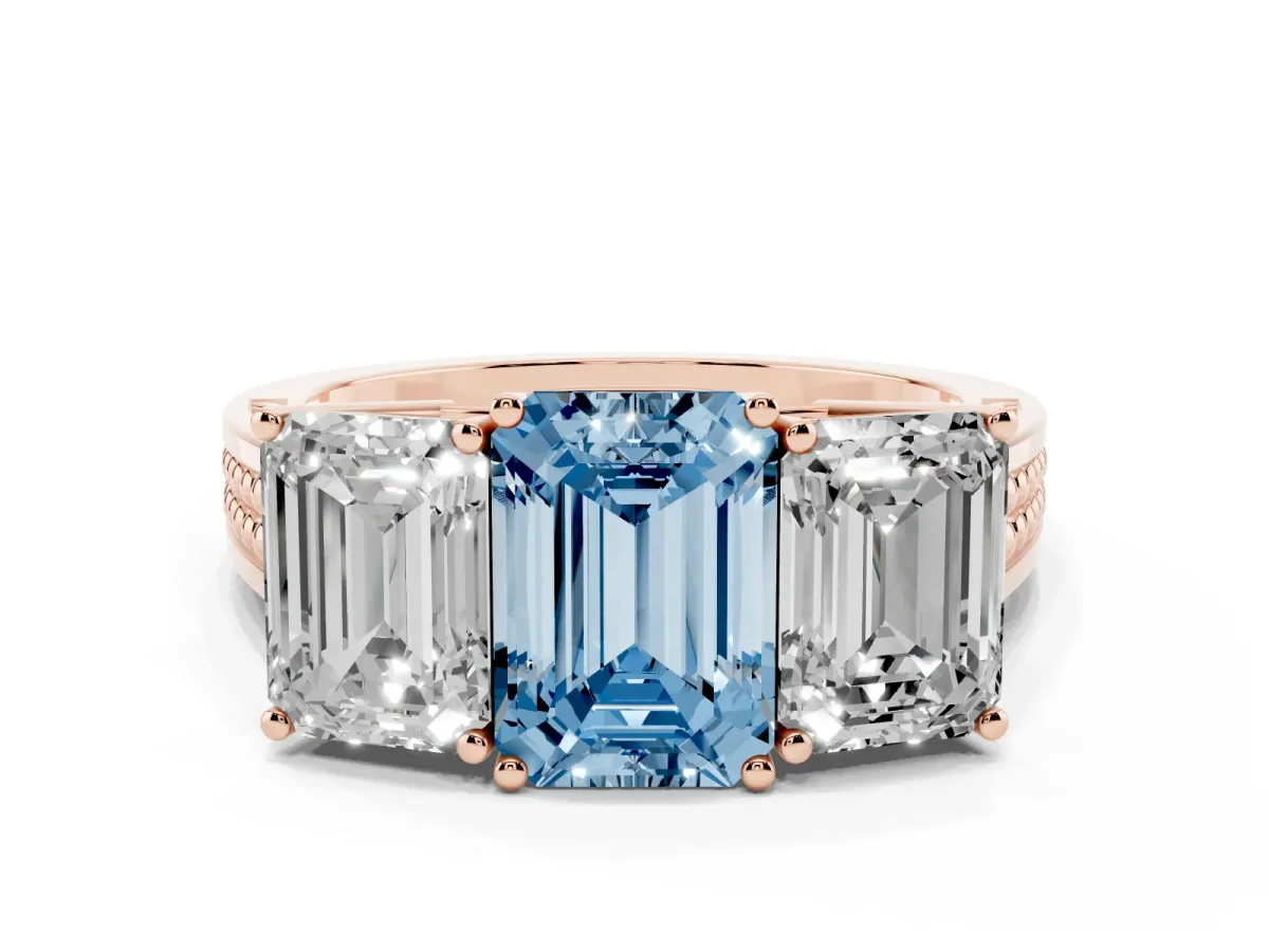 Fancy Blue Emerald Cut Diamond Three-Stone Ring with Prong Setting and Textured Band Rose gold
