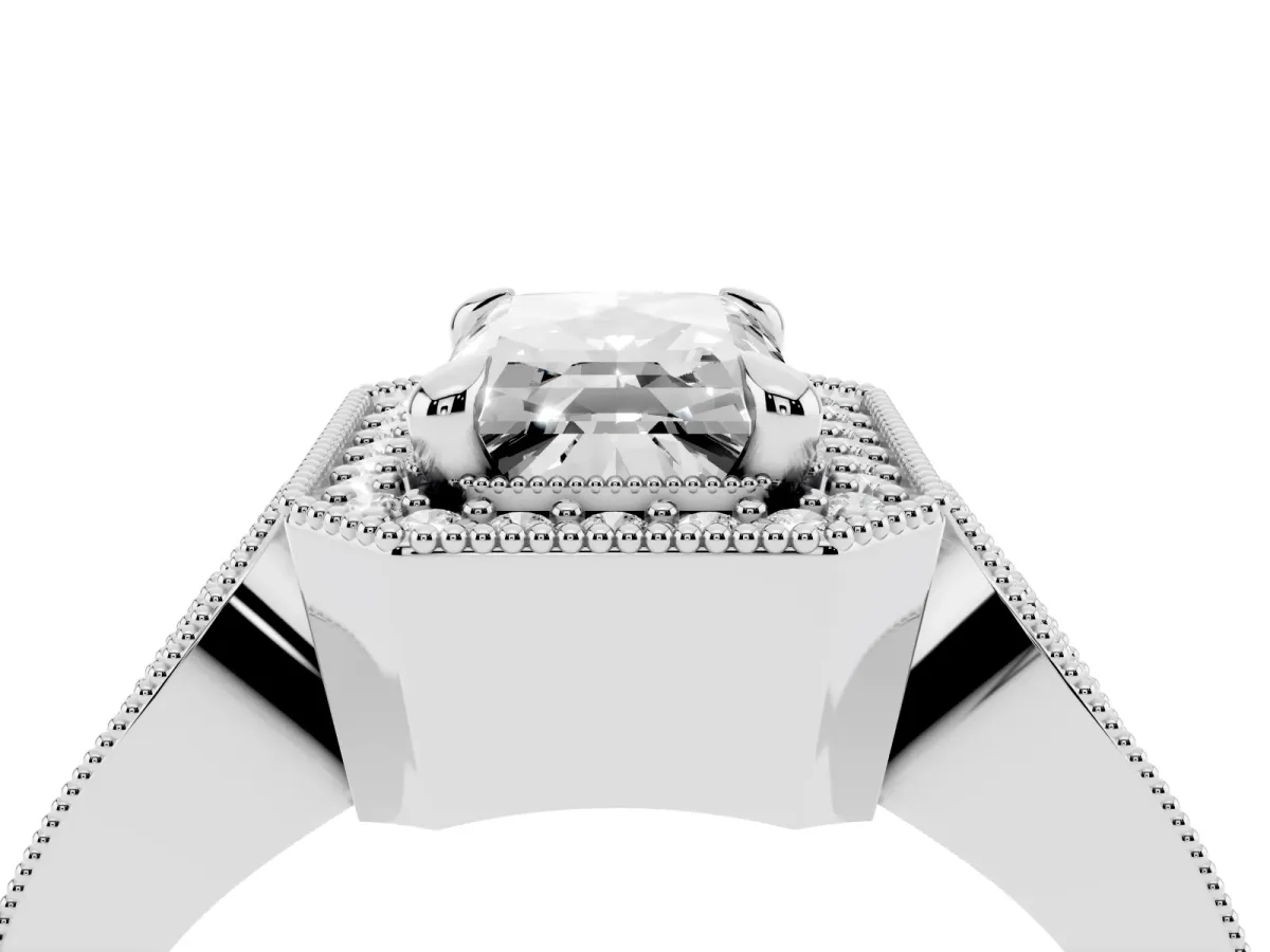 Emerald Cut Halo Split Shank Milgrain Diamond Ring Platinum