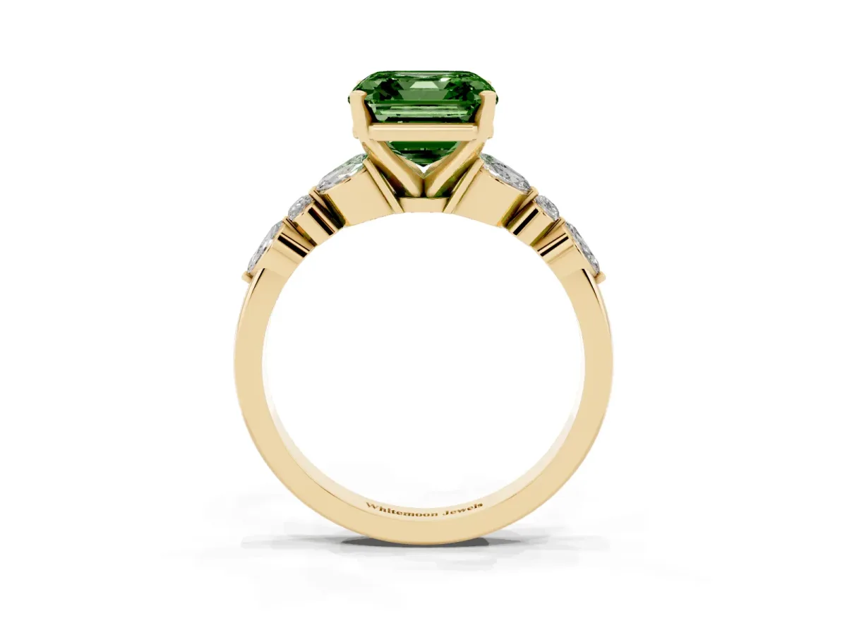 Fancy Green Asscher Cut Diamond Solitaire Ring with Side Stones and Four-Prong Setting Yellow gold
