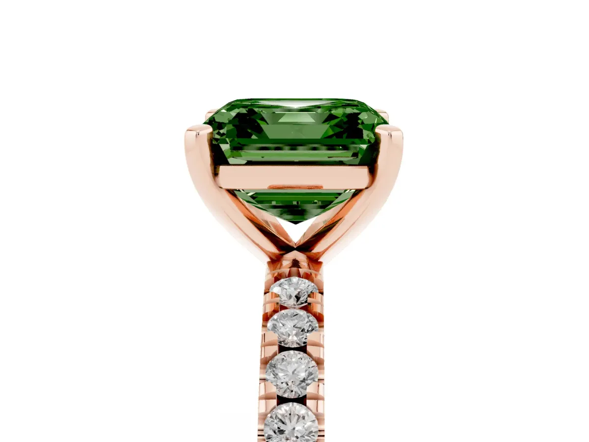 Fancy Green Asscher Cut Diamond Pavé Band Solitaire with Four-Prong Setting Rose gold