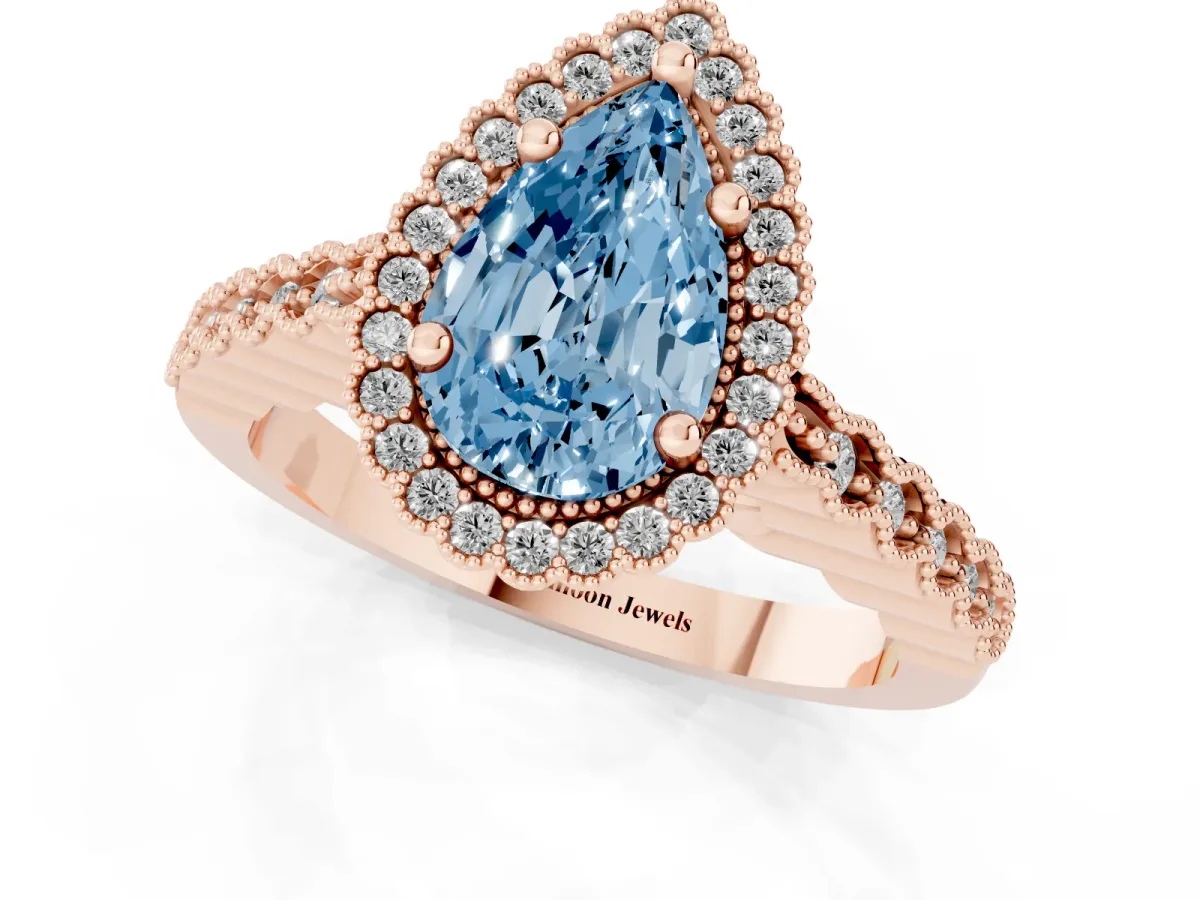 Fancy Blue Pear Cut Cut Halo Pavé Solitaire Ring with Milgrain Band Rose gold