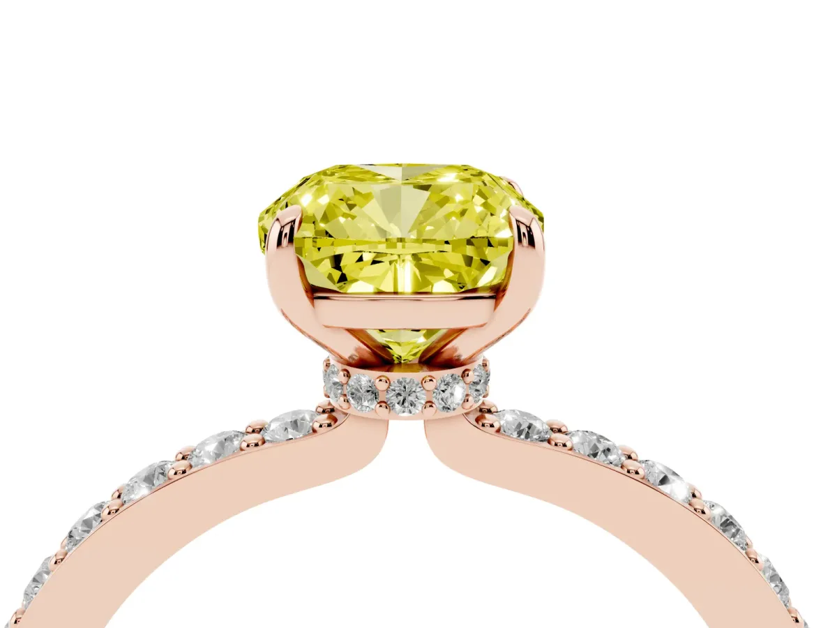 Fancy Yellow Cushion Cut Diamond Pavé Engagement Ring with Round Accents and Prong Setting Rose gold