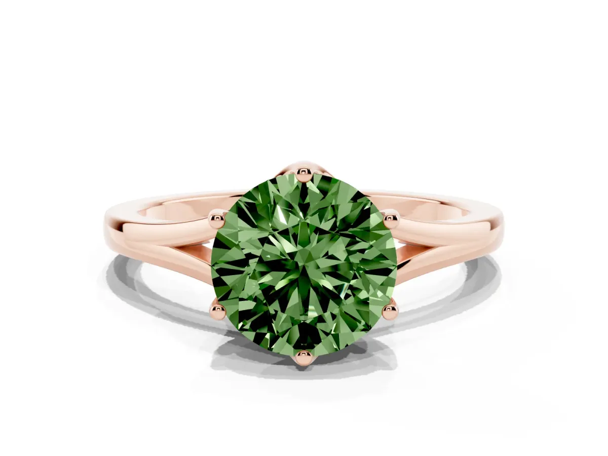Fancy Green Round Cut Solitaire Diamond Ring with Six-Prong Setting and Tapered Band Rose gold