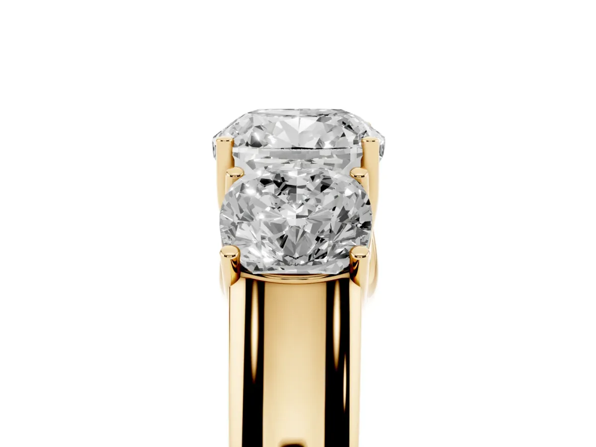 Three-Stone Cushion Cut Cut Diamond Ring with Prong Setting and Classic Band Yellow gold