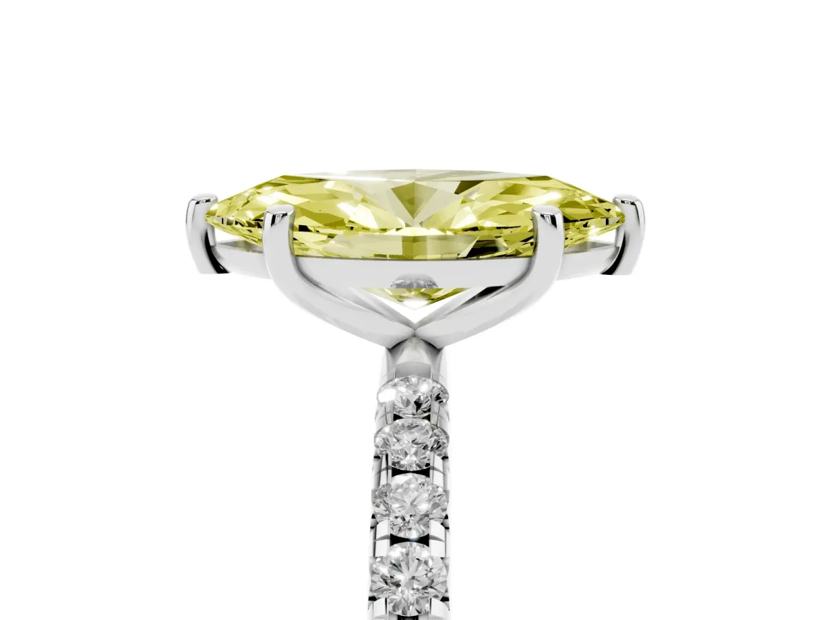 Fancy Yellow Marquise Cut Cut Diamond Solitaire Ring with Micro Pave Band and Four Prong Setting Silver