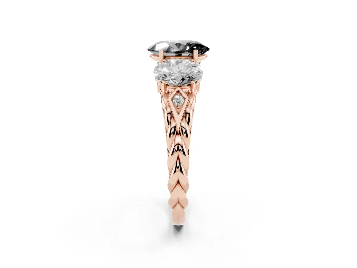 Fancy Black Three-Stone Oval Cut Diamond Braided Band Ring with Four-Prong Setting Rose gold