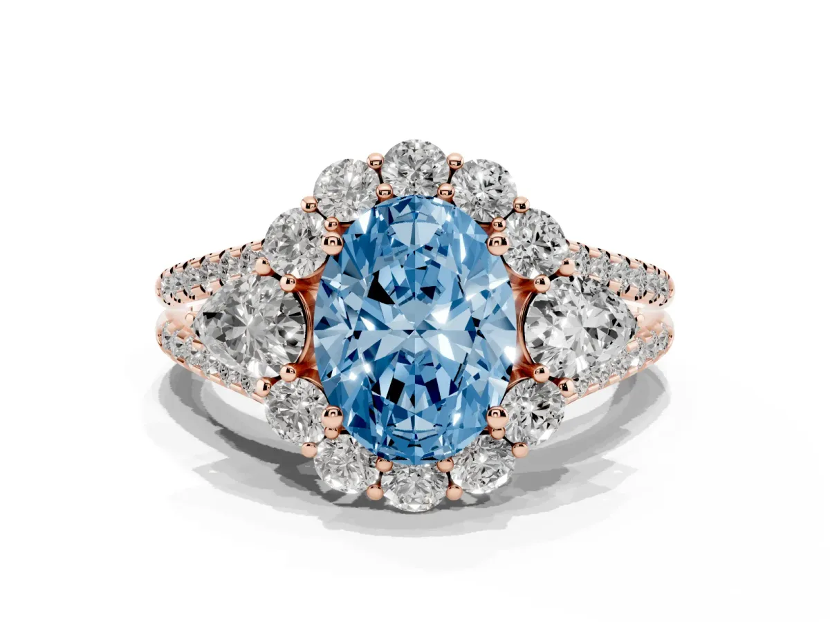 Fancy Blue Oval Cut Halo Split Shank Diamond Engagement Ring with Prong Setting Rose gold