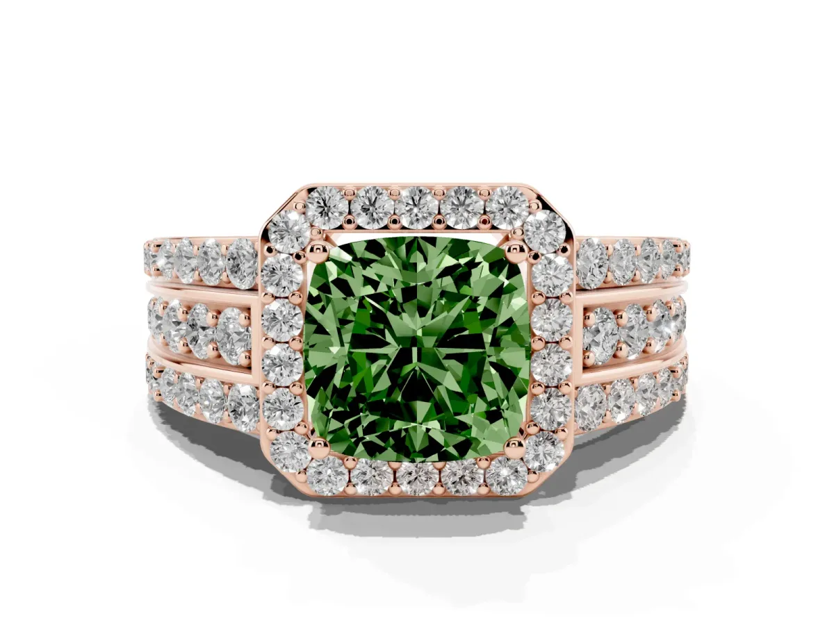Fancy Green Cushion Cut Halo Diamond Ring with Round Split Shank and Prong Setting Rose gold